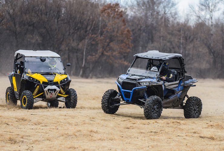 Two UTVs with different windshields